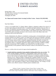 The U.S. Climate Alliance submitted a letter to the White House Council on Environmental Quality (CEQ) to provide feedback on the Climate and Economic Justice Screening Tool (CEJST), and to encourage CEQ to work even more closely with Alliance states in the refinement of this tool.
