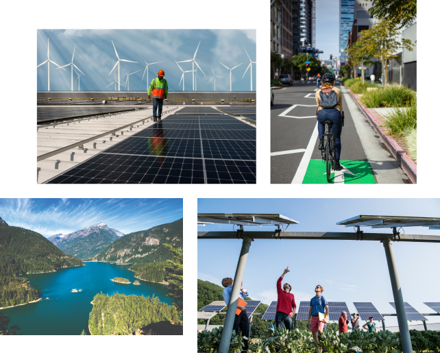 U.S. Climate Alliance Policy Priorities | Collage of images | Worker with solar panels | Bike lane in Los Angeles, CA | Lake and nature | People engaging in sustainable farming