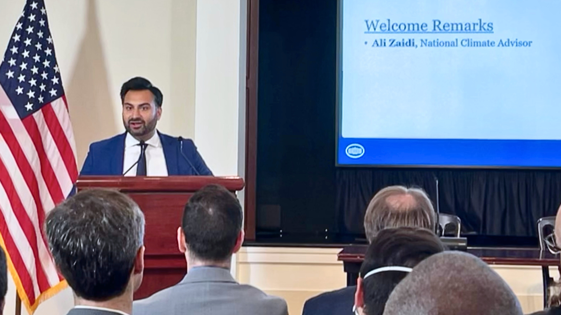 National Climate Advisor Ali Zaidi delivers remarks at the White House Summit on Modernizing the Power Grid.