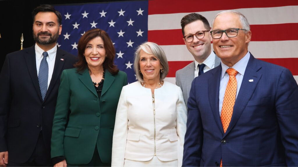 White House National Climate Advisor Ali Zaidi, New York Governor Kathy Hohcul, New Mexico Governor Michelle Lujan Grisham, U.S. Climate Alliance Executive Director Casey Katims, and Washington Governor Jay Inslee at Climate Week NYC in September 2024.