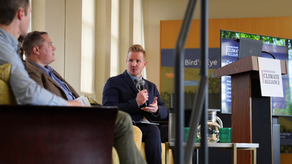 New Jersey Commissioner of Environmental Protection Shawn M. LaTourette moderates a panel at the Learning Lab on Accelerating Progress in Climate Smart Agriculture and Forestry hosted by the Alliance.