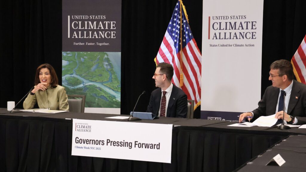 New York Governor Kathy Hochul, U.S. Climate Alliance Executive Director Casey Katims, and Delaware Governor Matt Meyer.