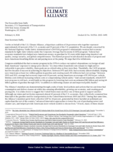 The U.S. Climate Alliance submitted a letter to the U.S. Department of Transportation (DOT) urging it to withdraw the National Highway Traffic Safety Administration’s (NHTSA) proposal to substantially weaken fuel economy standards for light-duty vehicles under the Corporate Average Fuel Economy (CAFE) program.