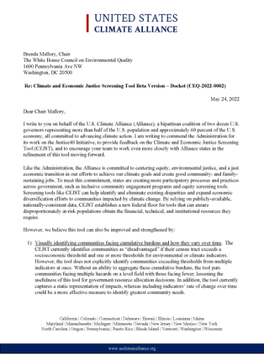 The U.S. Climate Alliance submitted a letter to the White House Council on Environmental Quality (CEQ) to provide feedback on the Climate and Economic Justice Screening Tool (CEJST), and to encourage CEQ to work even more closely with Alliance states in the refinement of this tool.