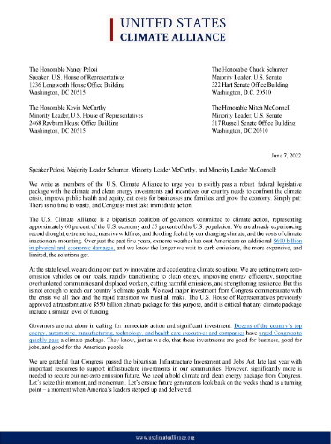 In a letter to congressional leaders, 22 U.S. Climate Alliance governors called for swift passage of a robust federal legislative package with the climate and clean energy investments.