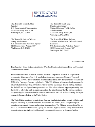 The U.S. Climate Alliance sent a letter to the Department of Transportation (DOT) emphasizing the need for strong clean car standards that reduce vehicle pollution and improve efficiency to protect our health, environment and climate, while strengthening U.S. manufacturing competitiveness and creating American jobs.