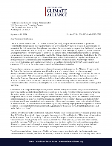 The U.S. Climate Alliance submitted a letter to the U.S. Environmental Protection Agency (EPA) supporting timely approval of California’s waiver request for the Advanced Clean Fleets (ACF) regulation.