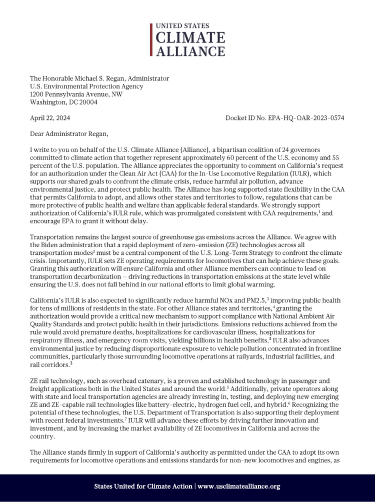 The U.S. Climate Alliance submitted a letter to the U.S. Environmental Protection Agency (EPA) supporting California’s request for an authorization under the Clean Air Act (CAA) for the In-Use Locomotive Regulation (IULR).