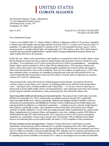 The U.S. Climate Alliance submitted a letter to the U.S. Environmental Protection Agency (EPA) to urge the agency to finalize strengthened federal light- and medium-duty (LD+MD) and heavy-duty (HD) vehicle emission standards.