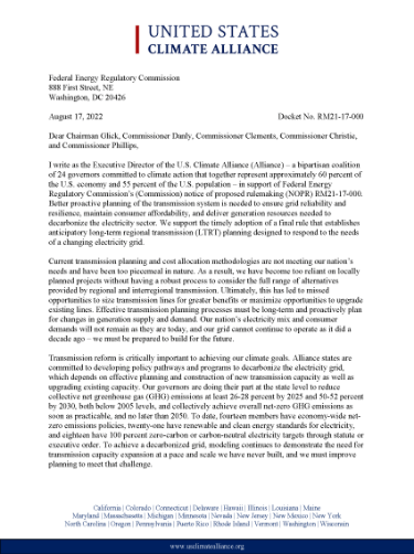 The U.S. Climate Alliance submitted a letter to the Federal Energy Regulatory Commission (FERC) to support the timely adoption of a final rule that establishes anticipatory long-term regional transmission (LTRT) planning designed to respond to the needs of a changing electricity grid.