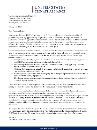 The U.S. Climate Alliance submitted a letter to President Biden outlining more than 20 specific actions the administration should take at the federal level to cut emissions across sectors, empower climate-leading states, advance environmental justice, increase resilience, lower energy costs, and speed our transition to a net-zero future.
