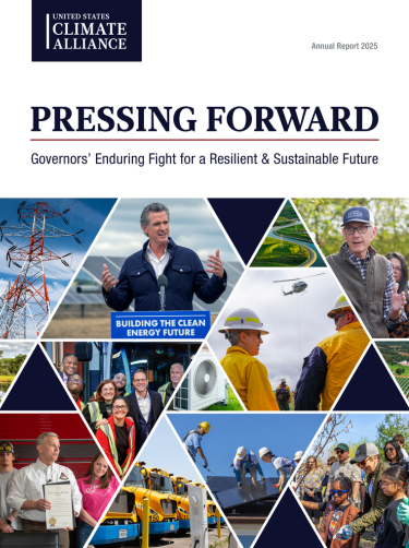 U.S. Climate Alliance 2025 Annual Report | Pressing Forward | The Alliance’s 2025 Annual Report details how Alliance members are sustaining state-led progress, reducing GHG Emissions 24%, growing GDP by 34%, and driving historic clean energy and clean technology deployment in U.S.