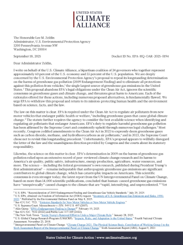 The U.S. Climate Alliance submitted a letter to the U.S. Environmental Protection Agency (EPA) expressing deep concerns about the agency’s proposal to repeal its longstanding determination on the harms of greenhouse gas pollution.